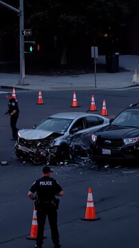 At a late night car crash site, police officers are working to secure the area. A badly damaged silver car is surrounded by debris scattered across the road