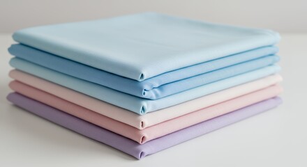 Stack of Colorful Folded Fabric Sheets in Soft Pastel Shades on White Surface