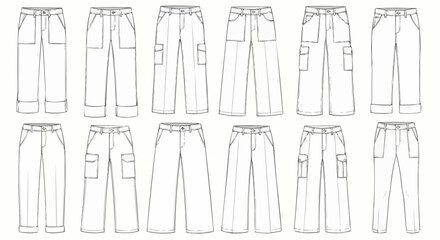 Collection of various cargo pants fashion flat sketches for design inspiration.