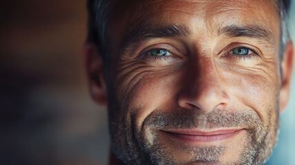Obraz premium Closeup portrait of a man with calm subtle smile, natural light, realistic tones