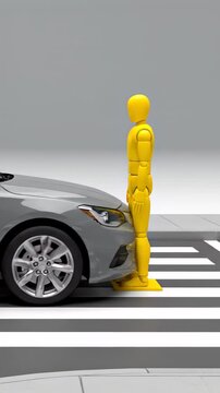 Accurate depiction of a vehicle colliding with a pedestrian at a crosswalk, showcasing advanced pedestrian safety features in modern cars