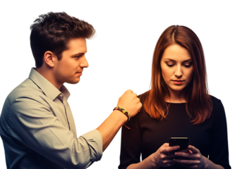 a focused young man and woman are looking at a smartphone together engaged in a serious discussion with soft lighting on transparent background