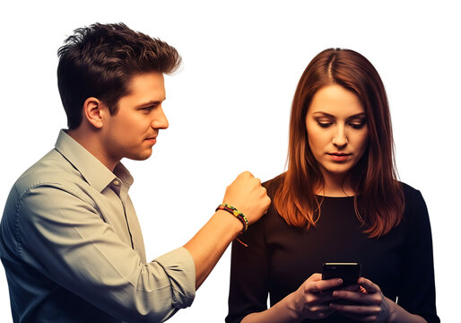 a focused young man and woman are looking at a smartphone together engaged in a serious discussion with soft lighting on transparent background - Powered by Adobe