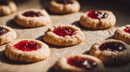 Freshly Baked Thumbprint Cookies Filled with Jam on Parchment Paper Ready for Enjoyment and Sharing
