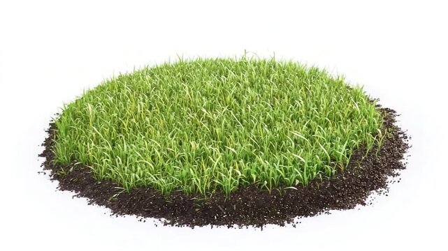 A small circular area of green grass on a white background
