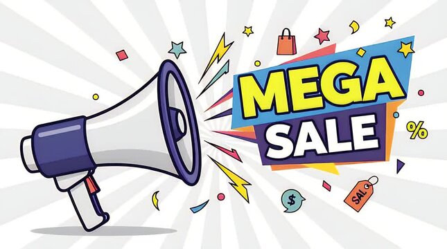 A cartoon-style illustration of a megaphone announcing a mega sale