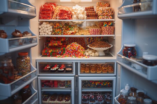 Open fridge overflows with colorful candies and glossy sugar-filled indulgent treats