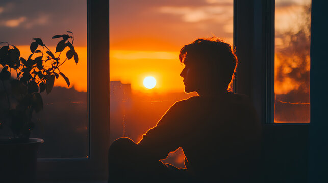 Emotional silhouette of person sitting by window at sunset