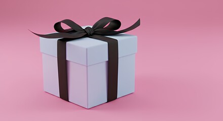 White Gift Box with Black Ribbon on Pink Background for Celebrations