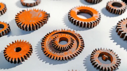 A collection of old gears on a table, great for industrial or mechanical themes