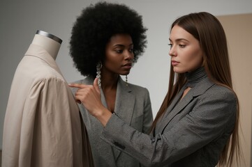 Two designers collaborate on embroidered fashion prototype in sleek modern design studio