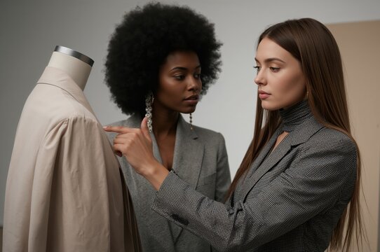 Two designers collaborate on embroidered fashion prototype in sleek modern design studio