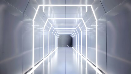 Naklejka premium Futuristic illuminated tunnel with glowing white LED lines – sci-fi corridor interior design