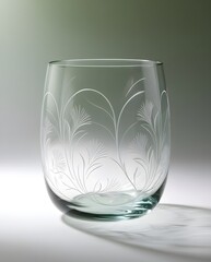 Frosted glass tumbler with delicate white botanical etching set against soft green background