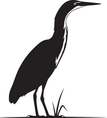 Naklejka premium Silhouette of a tall wading bird with a long neck and beak standing in tall grass