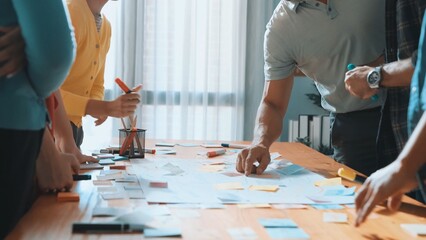 Close up of developer team using mind map to brainstorm idea. Top view of skilled group of business people working together writing marketing strategy by using markers and sticky notes. Symposium.