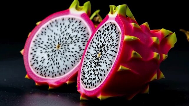 Exotic dragon fruit halves reveal captivating starburst pattern of seeds against a dark backdrop