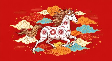 A majestic white horse with intricate red patterns gallops amidst colorful stylized clouds on a vibrant red background, embodying traditional Chinese art.