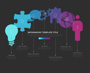 Infographic design showcases creative visuals and metaphorical icons for business presentations. Infographic with dark background, making the colorful icons stand out, perfect for data visualization.