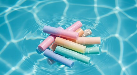 Colorful Lip Balm Tubes Floating in Clear Blue Pool Water