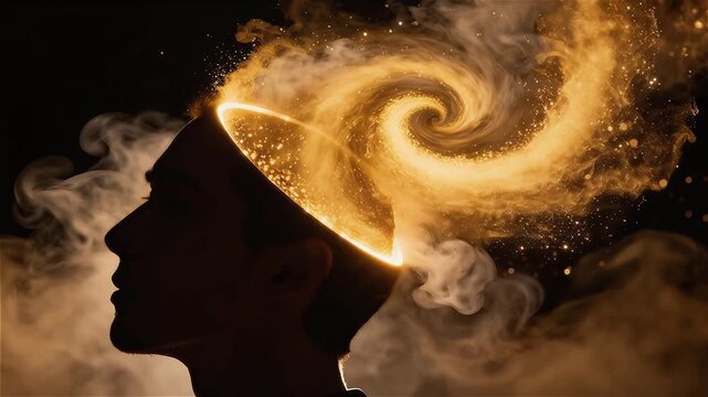 Cabeza de una persona de la cual emerge un vórtice tridimensional de partículas de luz dorada y humo