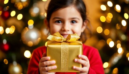 A young girl with dark hair smiles while holding a golden gift box. The background features a decorated Christmas tree with colorful ornaments and soft lights.