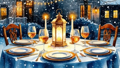 A beautifully set dining table outdoors in winter. Snow falls gently around a lantern, with elegant glassware and plates arranged for a festive Christmas meal.