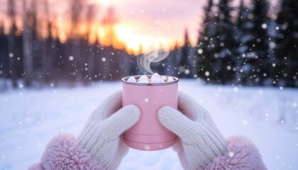 A pair of hands in white gloves holds a pink mug filled with hot chocolate topped with marshmallows. Snow falls gently in a winter landscape at sunset.