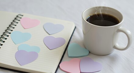 Coffee Mug with Steaming Hot Coffee and Pastel Heart Stickers on Notebook