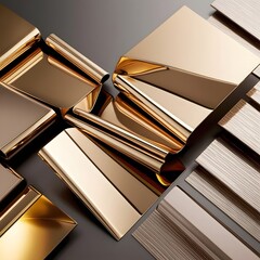 Polished golden metal blocks forming geometric reflective shapes creating luxurious modern abstract industrial composition