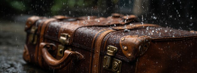Vintage Leather Suitcase on Rain-soaked Surface with Water Splashes Capturing Nostalgic Travel Moments