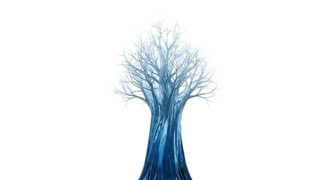 Abstract blue tree made of water splash, isolated on transparent background, symbolizing growth and fluidity, creating a captivating visual metaphor for the connection between nature and the element o