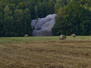 Elephant stones in the Czech Republic between trees and in front of them a mowed field with bales
