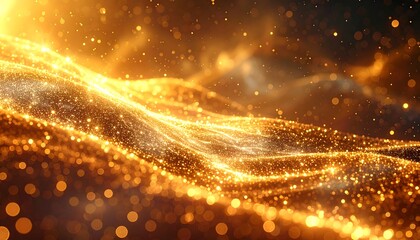 Swirling golden particles form glittering waves against a dark background, creating an elegant and ethereal effect
