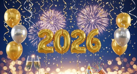 Golden 2026 balloons with fireworks, confetti, and champagne glasses celebrating New Year's Eve.