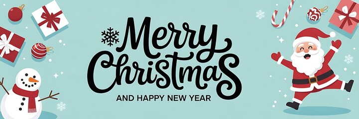 Festive merry christmas and happy new year banner with santa and snowman isolated on white background