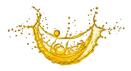 Golden liquid splash isolated on transparent background, creating a dynamic and eyecatching effect with its vibrant color and intricate droplets, perfect for illustrating concepts of fluidity and moti