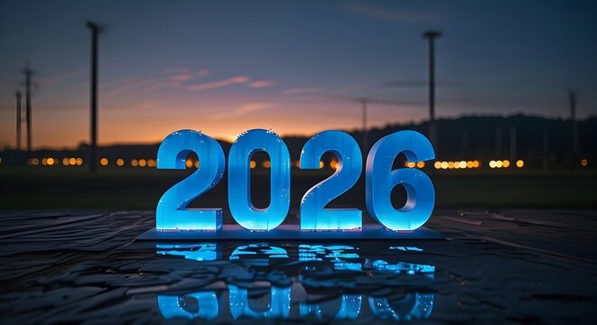 Glowing 2026 numbers on wet ground at dusk