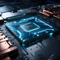 Advanced microchip board with neon-blue circuitry glowing across complex hardware components and metallic structure