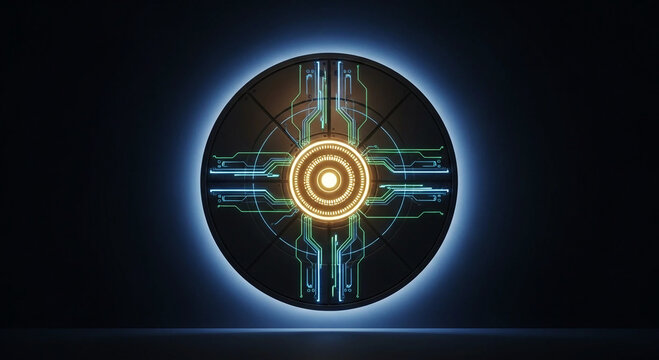 Futuristic circular device with glowing blue and orange circuitry and light halo