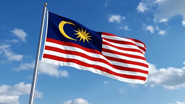 Malaysia National Flag (Jalur Gemilang) Waving in the Wind Against Blue Sky and Clouds
