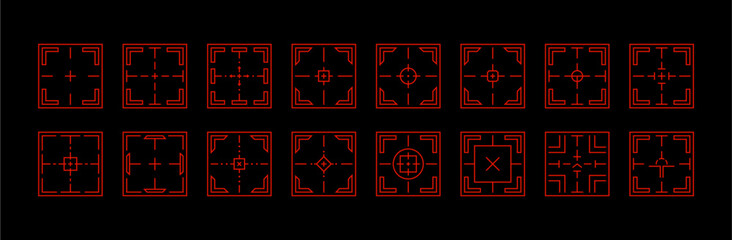 Obraz premium Geometric accuracy target icons. Abstract precise target focus aiming symbols. Creative vector set of target markers radar sweeps digital crosshairs. Isolated vector.