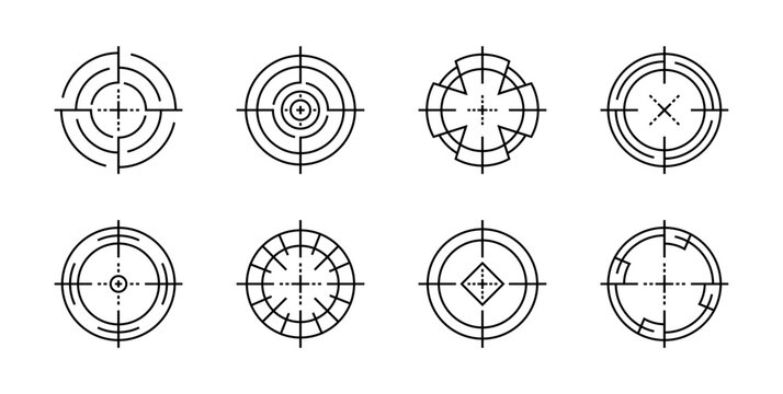Minimal black outline target icons. Set of clean crosshair aim and focus symbols. Simple vector illustration for drawing aim military sight concepts. Successfully targeted design icon elements.