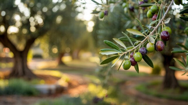 Close-up of olive branch with ripe olives in a sunlit grove at golden hour, with a blurred background of old olive trees