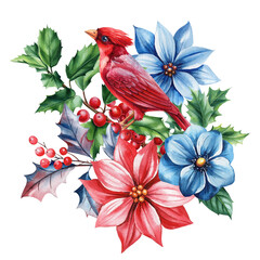 Watercolor Red Cardinal with Poinsettia, Blue Flowers and Holly, Botanical Bird Illustration on isolated white background