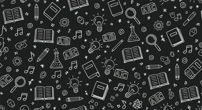 Vector illustration of seamless pattern of handdrawn education and creativity doodles on a dark blackboard background, perfect for school