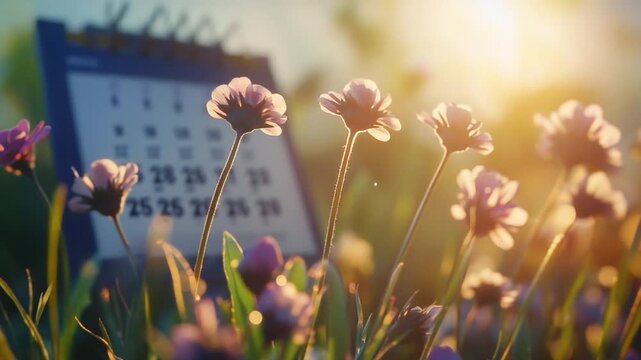 A field of purple flowers with a calendar in the background, suitable for use in events or calendars