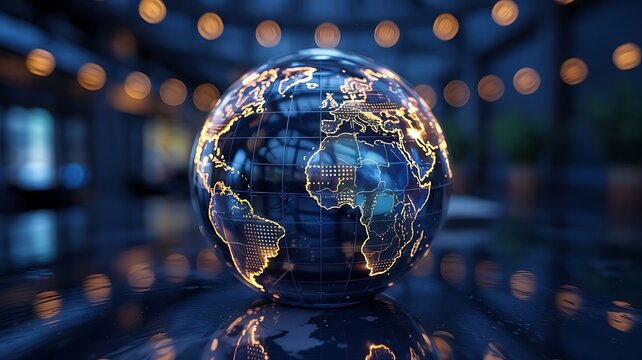 Glowing Digital Earth Globe with Illuminated Continents and Abstract Bokeh Lights