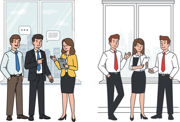 Business Professionals Engaged in Office Conversation with City View Background, Corporate Teamwork and Communication Concept IllustrationBusiness Professionals Engaged in Office  