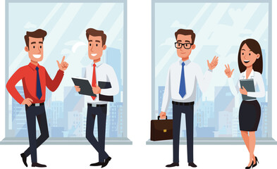 Cartoon Business Professionals Interacting in Office Setting with City View, Workplace Communication and Corporate Teamwork Concept Illustration